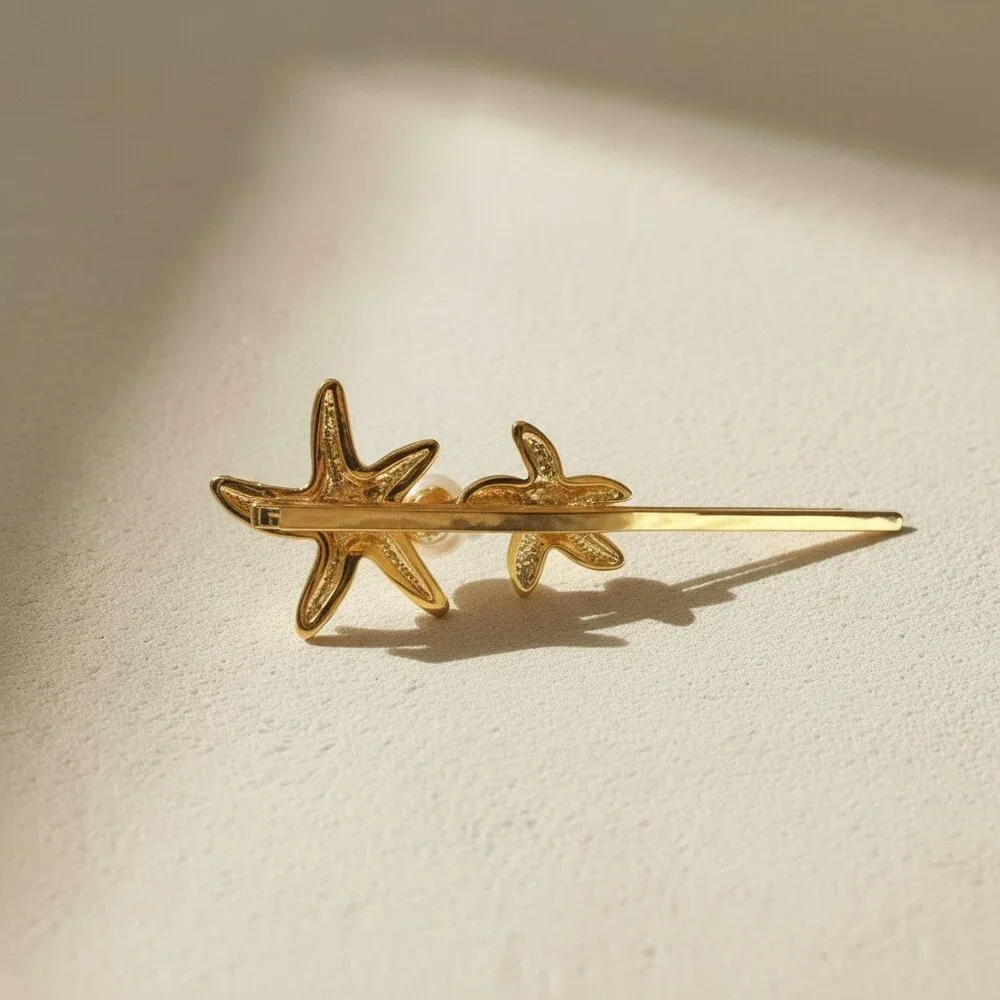 18K Gold Plated Stainless Steel Starfish Pearl Coastal Beach Hair Bobby Pin Clip